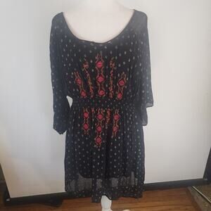 Shyanne Black Aztec Embroidered Gold Poka Dot Dress Smocked Women's Large